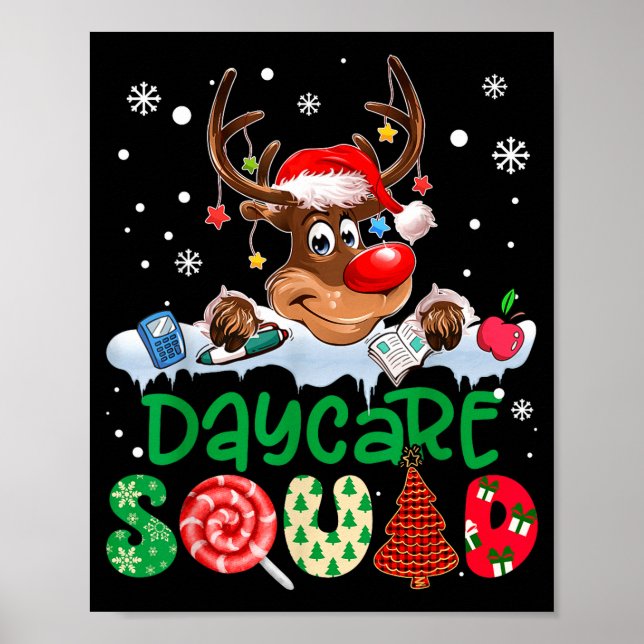 Poster Reindeer Santa Hat Daycare Squad Teacher Christmas (Frente)