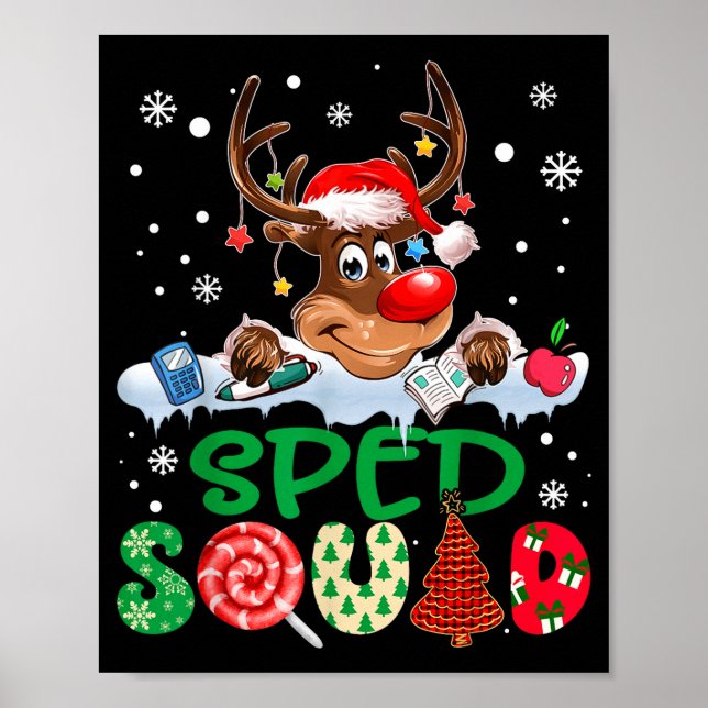 Poster Reindeer Santa Hat Sped Squad Teacher Funny Christ (Frente)