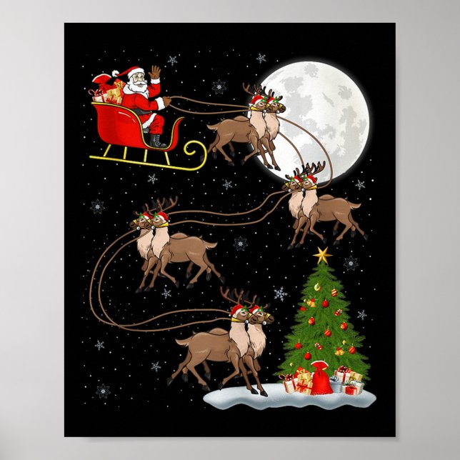 Poster Reindeer Santa Sleigh Flying Funny Magical Christm (Frente)