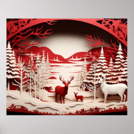 Poster Reindeiros 3D em inverno Florestal