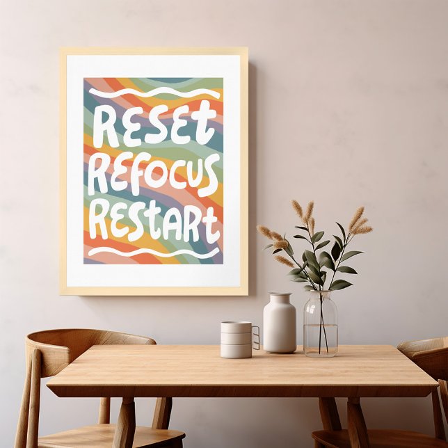 Poster REINICIAR REFOCUS REINICIAR Cartas de Bolha de Div (RESET REFOCUS RESTART Colorful Fun Bubble Letters Poster Wall Art Motivational Rainbow Handlettering)