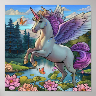 Poster Reino de Contos de Fadas do Unicórnio Pegasus Mági