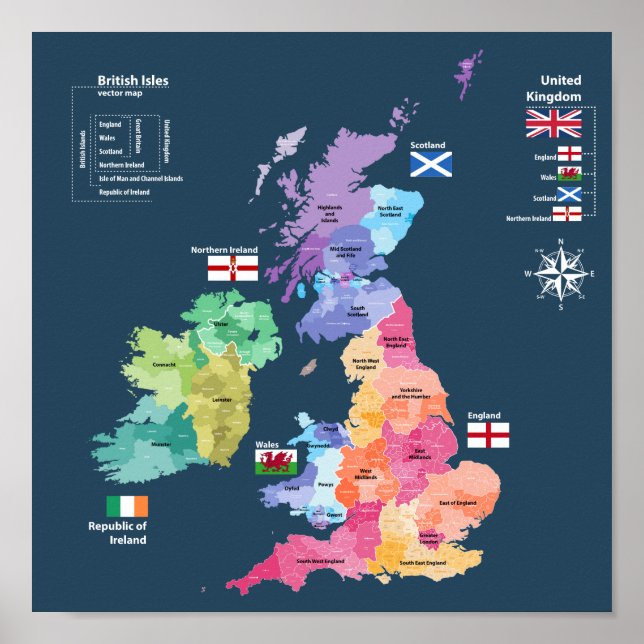 Poster Reino Unido Mapa - Países da Inglaterra (Frente)