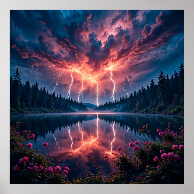 Poster Relâmpago Dramático sobre um Lago Sereno na Flores (Frente)