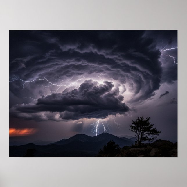 Poster Relâmpagos Dramáticos Sobre Picos de Montanhas (Frente)