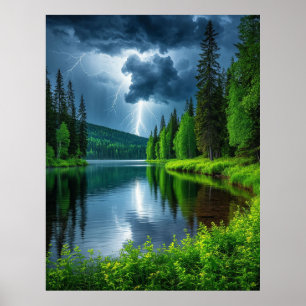 Poster Relâmpagos Dramáticos Sobre uma Floresta Serena
