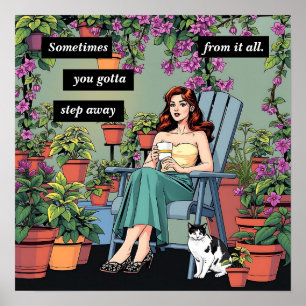 Poster Relaxamento com Café, Gatos e Plantas