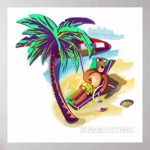 Poster Relaxando o Urso de Verão em Praia Tropical