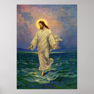 Poster Religião Vintage, Cristo de Jesus caminha sobre ág