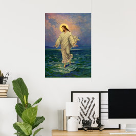Poster Religião Vintage, Cristo de Jesus caminha sobre ág