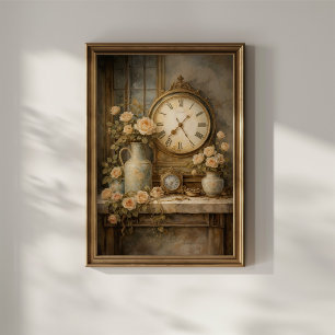 Poster Relógio Antigo e Rosas