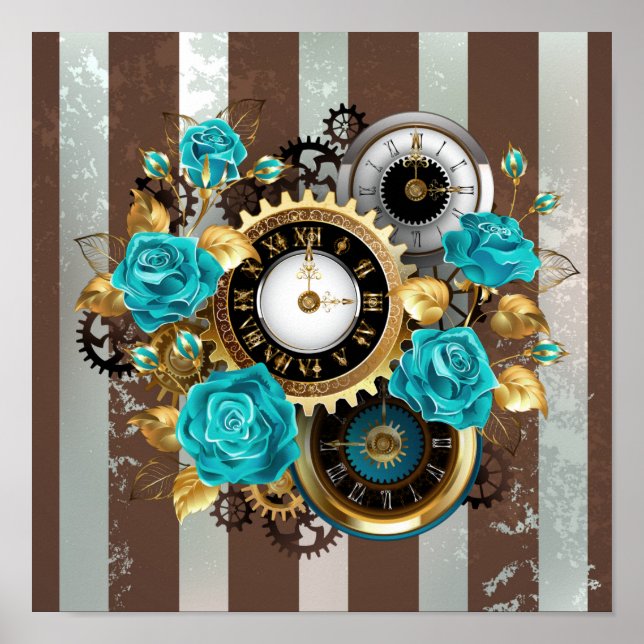 Poster Relógio e Rosas de Turquesa em Striping (Frente)