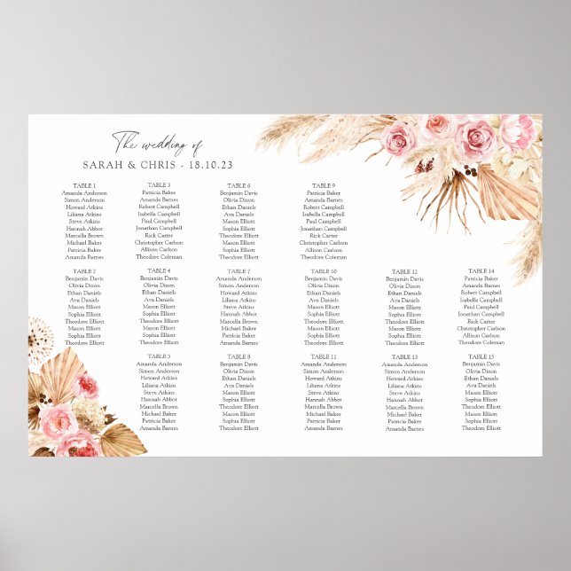 Poster Relógio Floral de Grama das Pampas Boho Mesa Plano (Frente)