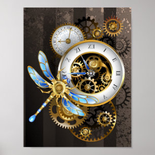 Poster Relógio Steampunk com Dragonfly Mecânica