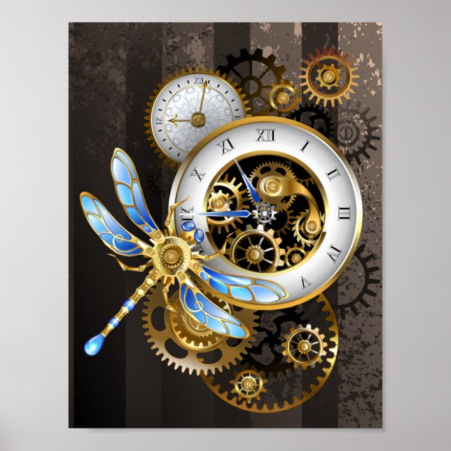 Poster Relógio Steampunk com Dragonfly Mecânica (Frente)