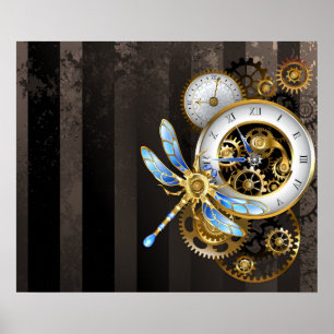 Poster Relógio Steampunk com Dragonfly Mecânica