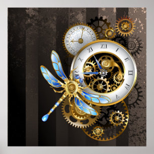 Poster Relógio Steampunk com Dragonfly Mecânica