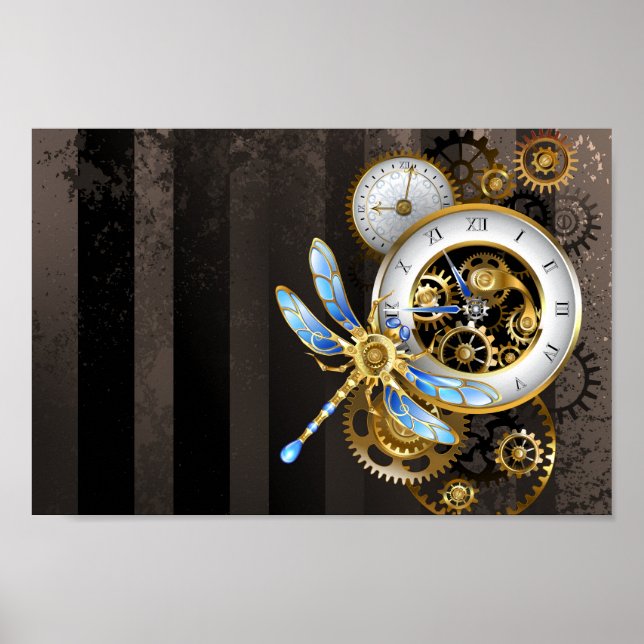 Poster Relógio Steampunk com Dragonfly Mecânica (Frente)