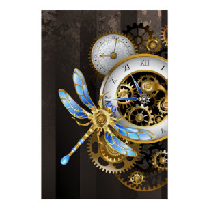 Pôster Relógio Steampunk com Dragonfly Mecânica