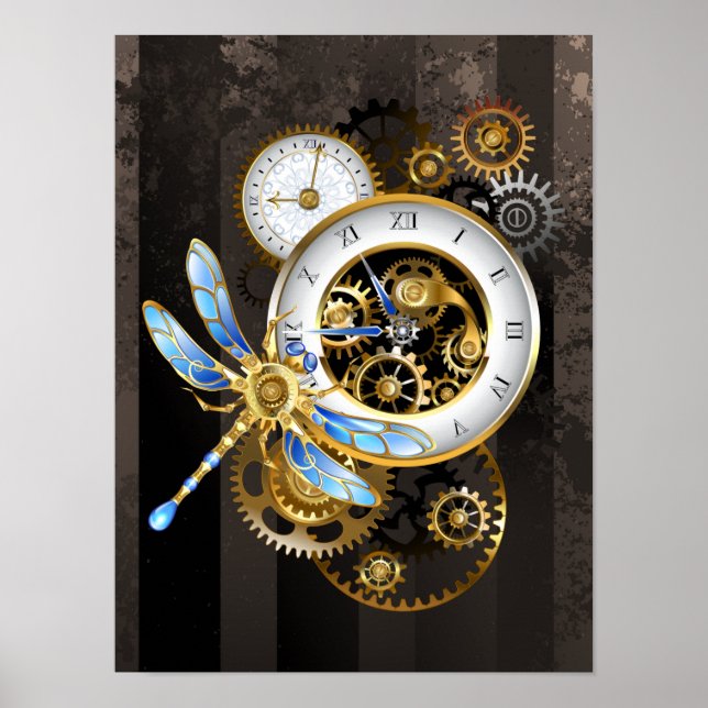Poster Relógio Steampunk com Dragonfly Mecânica (Frente)