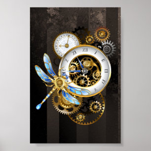 Poster Relógio Steampunk com Dragonfly Mecânica