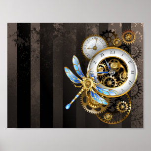 Poster Relógio Steampunk com Dragonfly Mecânica
