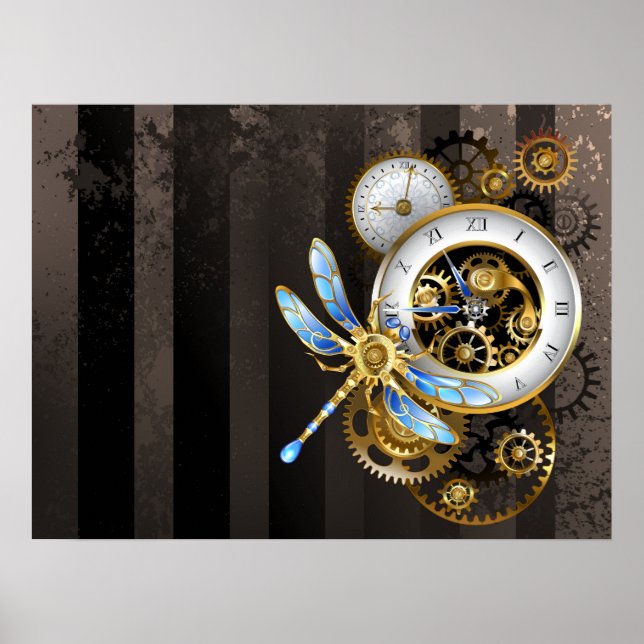 Poster Relógio Steampunk com Dragonfly Mecânica (Frente)