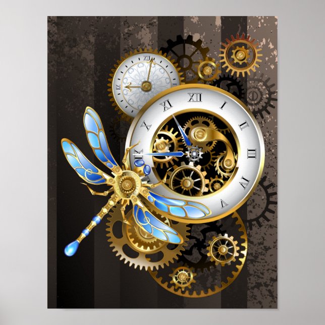 Poster Relógio Steampunk com Dragonfly Mecânica (Frente)