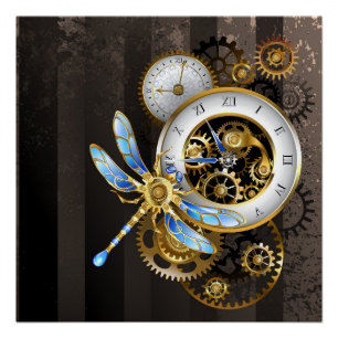 Pôster Relógio Steampunk com Dragonfly Mecânica
