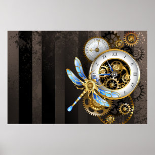 Poster Relógio Steampunk com Dragonfly Mecânica
