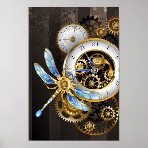Poster Relógio Steampunk com Dragonfly Mecânica