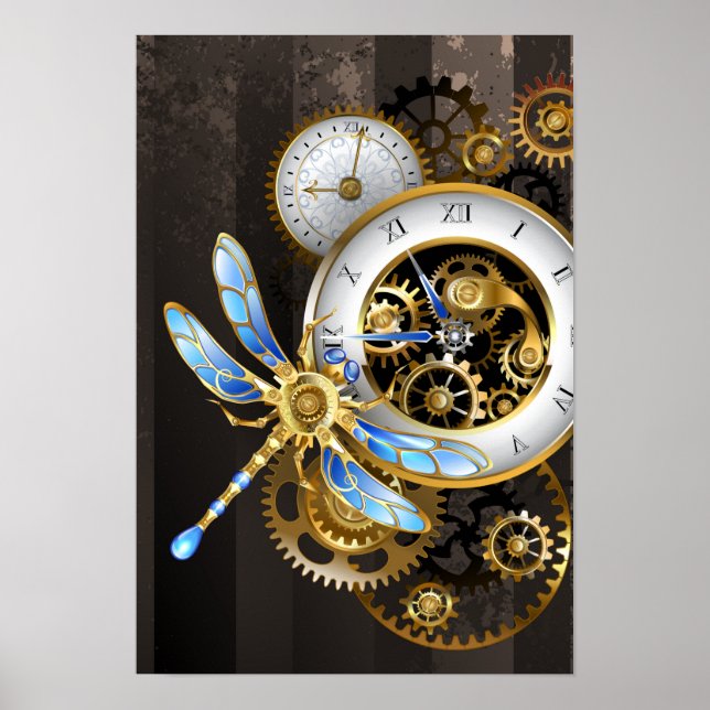 Poster Relógio Steampunk com Dragonfly Mecânica (Frente)