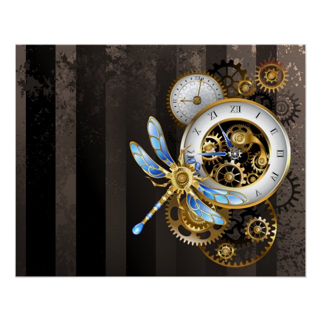 Pôster Relógio Steampunk com Libélula Mecânica (Frente)