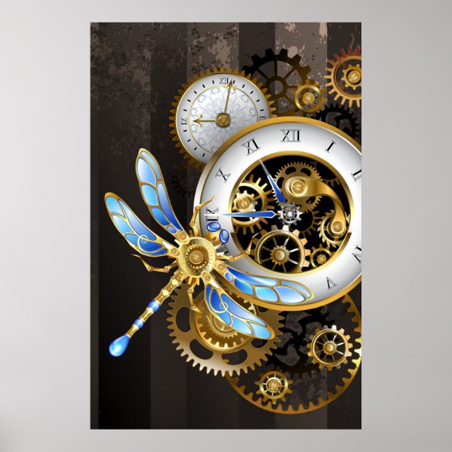 Poster Relógio Steampunk com Libélula Mecânica (Frente)