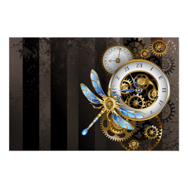 Pôster Relógio Steampunk com Libélula Mecânica (Frente)