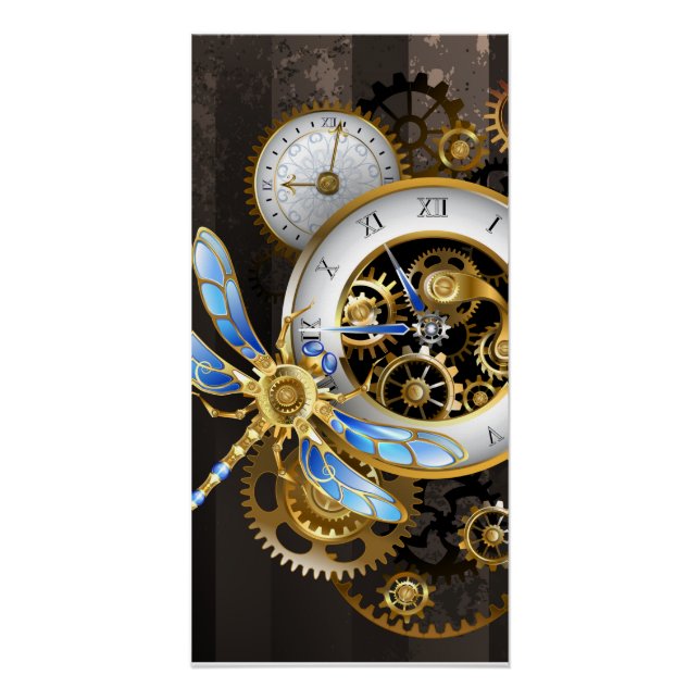 Pôster Relógio Steampunk com Libélula Mecânica (Frente)