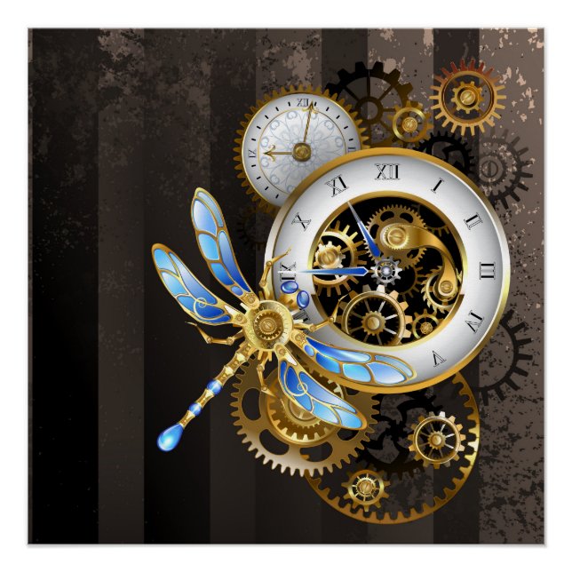 Pôster Relógio Steampunk com Libélula Mecânica (Frente)