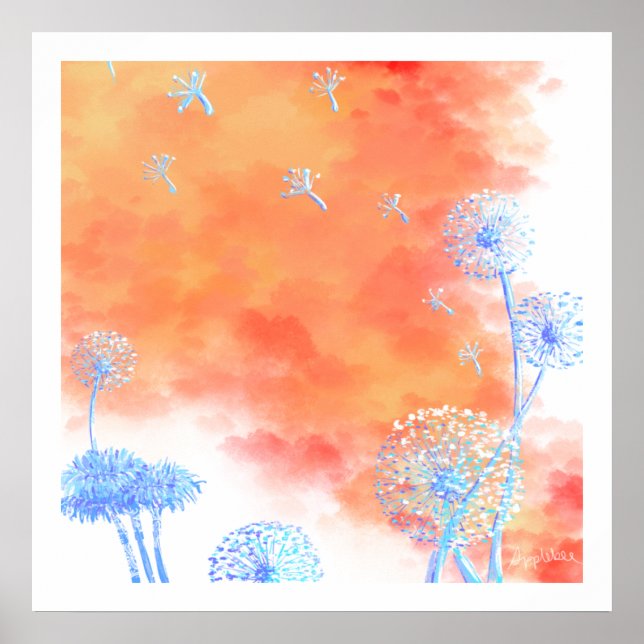 Poster Relógios de dandelion contra nuvens de laranja-cor (Frente)