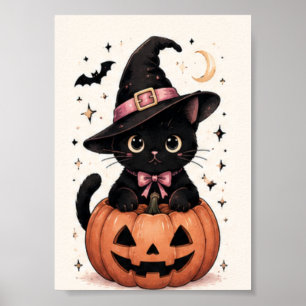 Poster Remendo de Abóbora de Chapéu de Bruxa Gato Preto