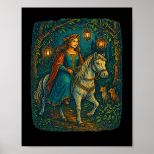 Poster Ren Faire Medieval Lady Horseback Andando Em Encha