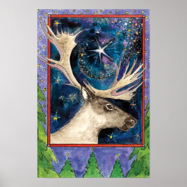 Pôster Rena de Natal à Noite com uma Estrela Brilhante (Frente)