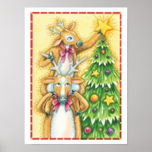 Poster Rena de Natal Fofa Com Estrela de Árvore de Natal