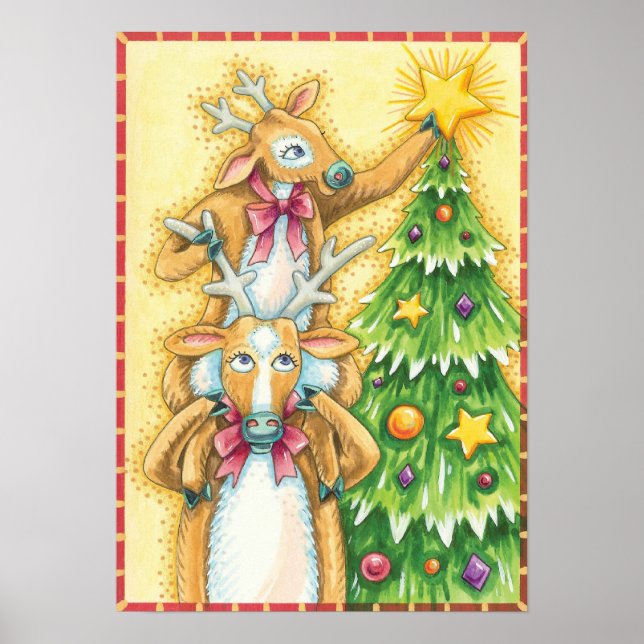 Poster Rena de Natal Fofa Com Estrela de Árvore de Natal (Frente)
