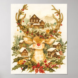 Poster Rena de Natal Fofo Aquarela Vintage