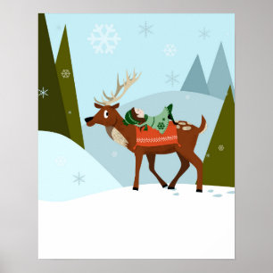 Poster rena e elfo de Natal nos topos das montanhas nevad