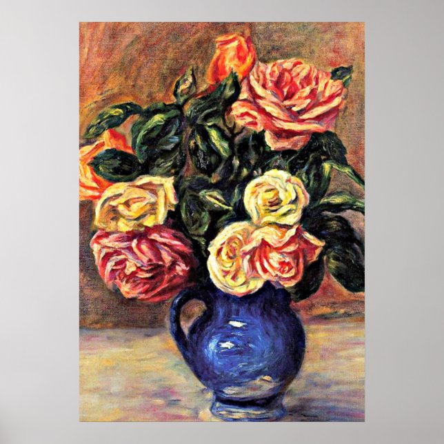 Pôster Renoir - Rosas num Vaso Azul (Frente)