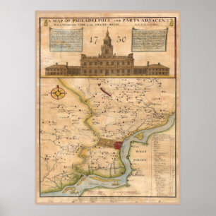 Pôster Réplica 1750 do mapa de Philadelphfia