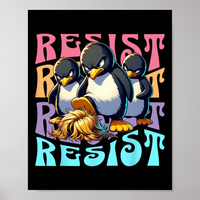 Poster Resistir Protesto Pinguins Retrô Contra Tarifas Ho (Frente)
