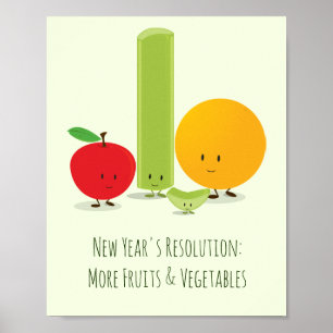 Poster Resolução de Ano Novo Comendo Frutas Saudáveis Veg