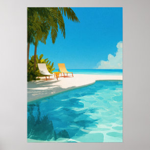 Poster Resort de praia tropical com piscina e espreguiçad